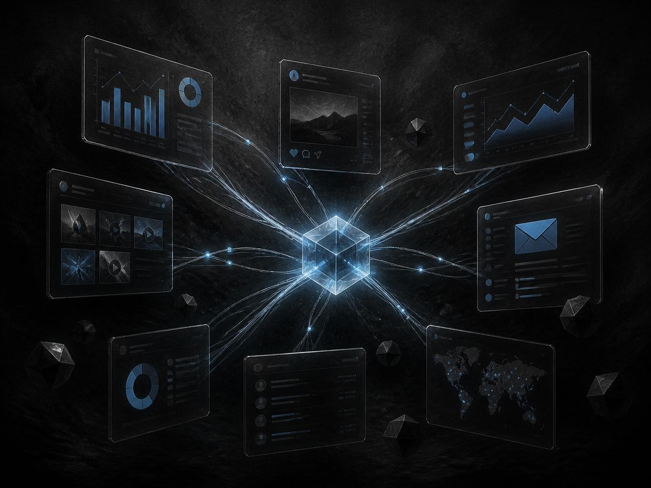 Illustration of ad, social, email and website data sources converging into one hub